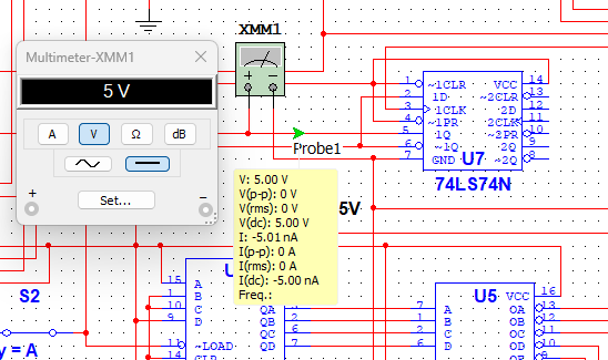 Multisim DMM Probe – 74LS74 Q Output (Pin 5)